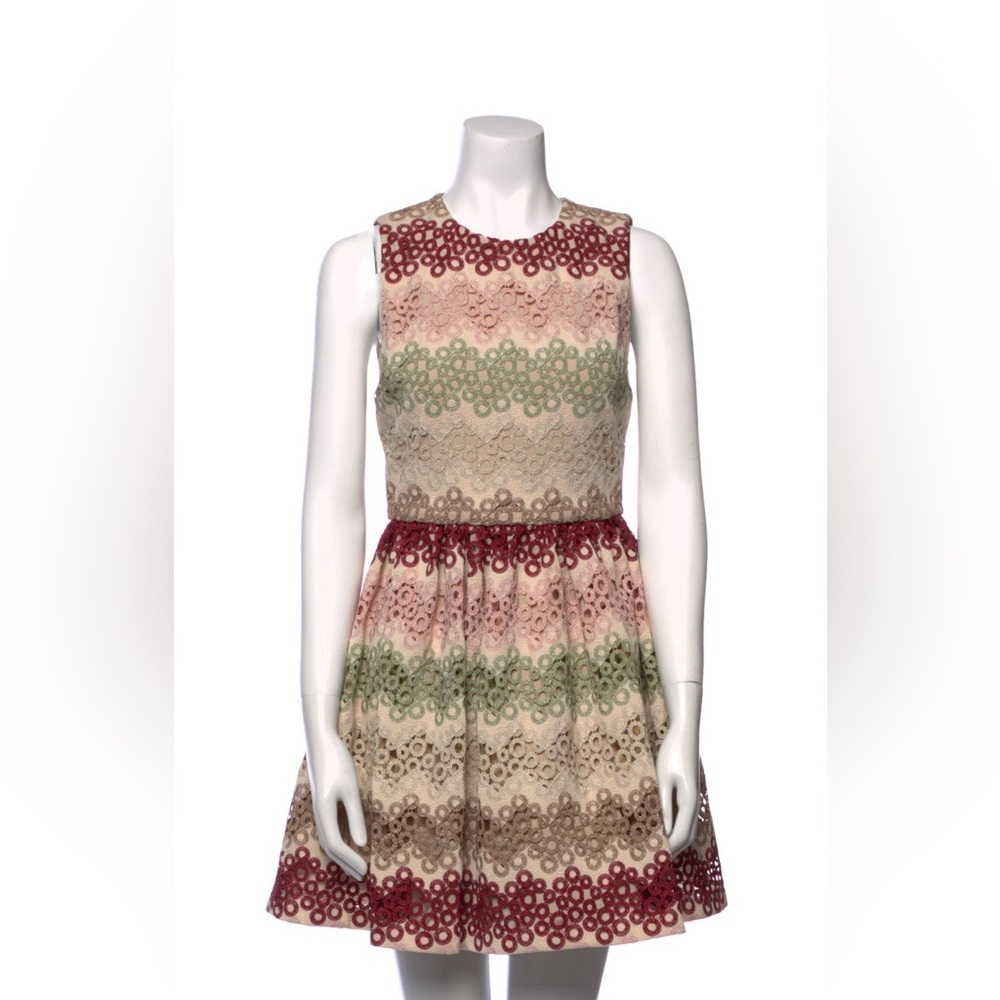 Alice + Olivia Red, Green, and Cream Lace Mini Dress